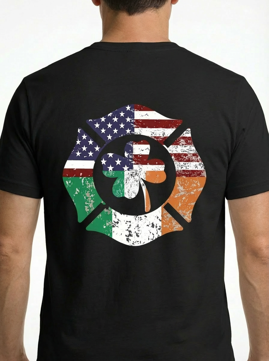 Irish-American Firefighter Maltese Cross T-Shirt - Distressed Heritage Design